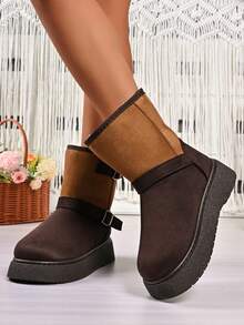 1 Pair Plus Size 36-42 Punk Style Contrast Color Gothic Thick Sole Snow Boots With Multiple Buckle Decor, For Indoor & Outdoor Wear, Winter