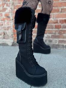 Punk Gothic Women Combat Boots Chunky Wedges Heel Fur Mid Calf Platform Luxury Winter Halloween Shoes Woman - màu đen - Xem 2