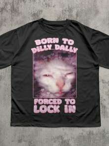 Born To Dilly Dally Forced To Lock In Funny Cat Meme T-Shirt Gift For Woman And Man Ahh Cat Sh - 黑色 - 查看 1