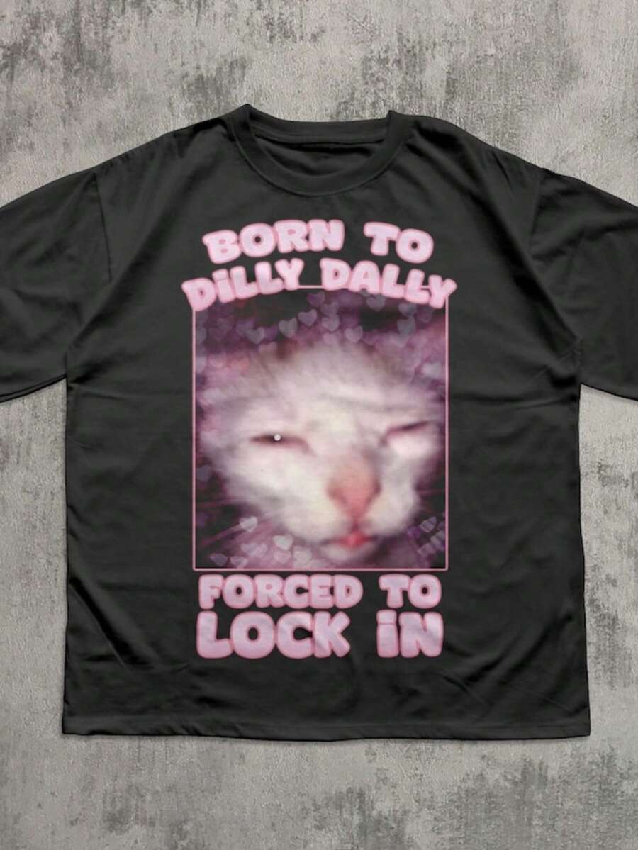 Born To Dilly Dally Forced To Lock In Funny Cat Meme T-Shirt Gift For Woman And Man Ahh Cat Sh - 黑色 - 查看 1