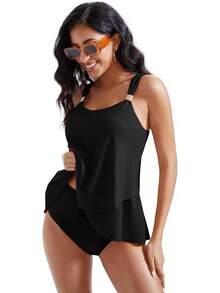 High Waisted Ruffle Tankini Swimsuit Plus Size Tummy Control - Black - View 3