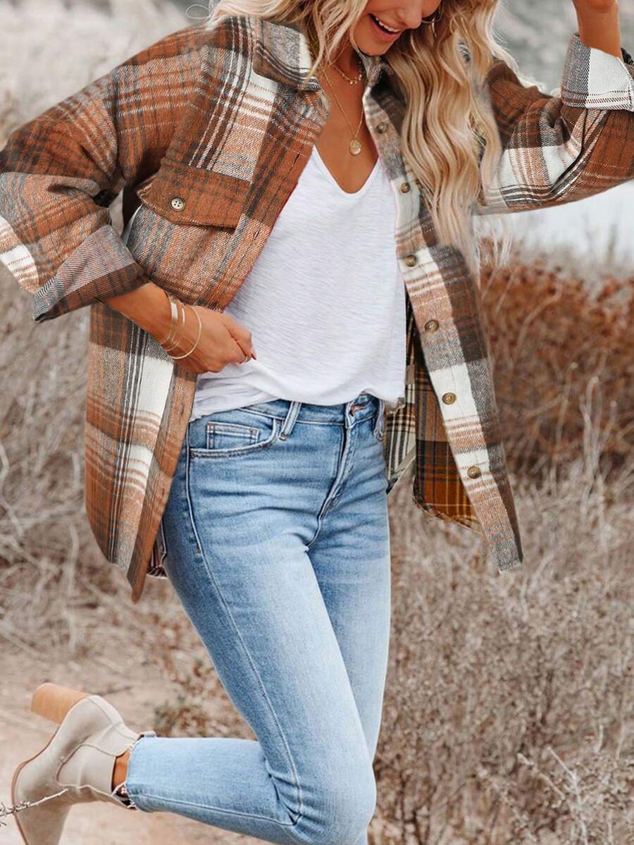 Acelitt Women's Brown Plaid Turndown Collar Pocket Casual Shacket, Autumn/Winter - Multicolor - View 1