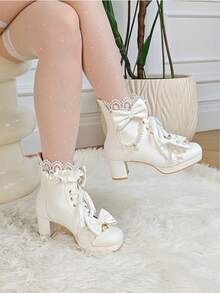 Platform Sweet Bow  Ankle Boots For Women Lace Goth Chunky Mid Heel Boots With Pearl Comfort Lace Up Princess Booties - trắng - Xem 7