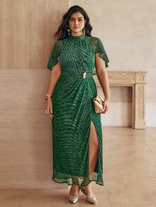 Vestido maxi elegante de talla grande para mujer con capa brillante de unicolor, manga tipo capa, decoración metálica en la cintura y abertura en el bajo, ideal para eventos de noche, fiestas de cumpleaños, invitada de boda, vestido verde de Navidad