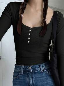 阳光女孩风格春季情人节女士返校蕾丝拼接半开领纽扣设计休闲修身长袖黑色针织T恤 - 黑色 - 查看 9