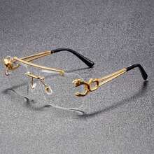 Retro Chic European & American Double Bridge Rimless Fashion Glasses, Unisex Fashion Metal Leopard Decor Contrast Color Elegant Vintage, Lightweight & Transparent, Suitable For All Seasons