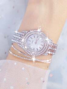 3pcs/Set Fashionable & Elegant Multi-Function Fully Rhinestone Decorated Women's Steel Band Quartz Watch Set, Paired With Rhinestone Jewelry Bracelet, Suitable For Evening Gala, Festivals, Parties, Weddings And Daily Wear, Also Ideal For Back To School, Graduation, Thanksgiving And Other Occasions, Best Gift For Women - Silver - View 7