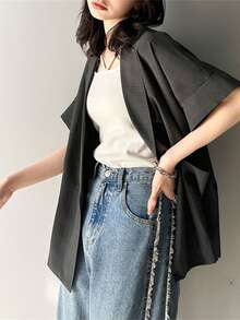 LEBINDY Women's Jacket, Short Sleeve, Plus Size, Long, Loose, Tailored, Double-Breasted, Linen, Linen-Like Short Sleeve Shirt Jacket.