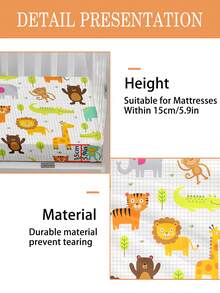 1 Peça Lençol com Tema de Animais Cartoon, 110g, Lençol Infantil, Lençol de Bebê com Recorte, Lençol Impresso em 3D com Tema de Cartoon em Fibra Ultrafina 100% Lavada com Água, (1 Lençol, Sem Material de Enchimento), Adequado para Quarto de Crianças, Cama de Soneca em Creche, Berço de Bebê e Pré-Escola (Altura Lateral do Lençol 15cm)