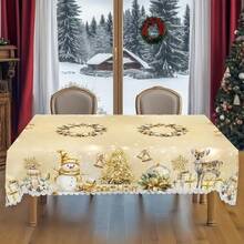 1pc Golden Christmas Tablecloth With Snowman Deer Christmas Tree Patterns, Christmas Decor 2025, Christmas Party Decoration For Home Indoor Outdoor, Luxurious Round Rectangular Table Cloth, Holiday Kitchen Festive Decor, Christmas Gifts - 金色 - 查看 5
