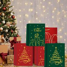 6/25pcs Christmas Kraft Paper Gift Bags, Red And Green With Golden Christmas Tree, Metallic Finish, Holiday Party Gift Bags With Handles, Suitable For Christmas Celebrations