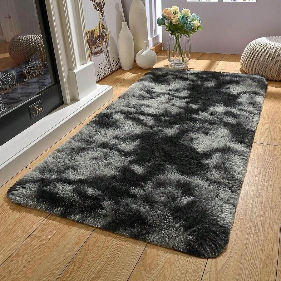 Soft Area Rugs For Livingroom Bedroom, Shaggy Plush Fuzzy Fluffy Carpet Furry Fur Rug, Modern Indoor Comfy Nursery Kids Dorm Home Decor Floor Mat, 2 X 4 Ft, Tie-Dyed Black & Grey - 紮染黑灰色 - 查看 1