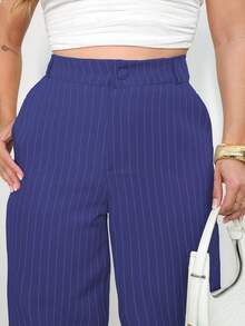 A&DD MODA, REF: H932(PLUS SIZE) - Plus Size Women's Striped Pants, Stylish Plus Size, High Waist, Wide Leg, Elegant, Casual, Formal, Lightweight, Modern, Comfortable, Women's Pants, Lightweight Fabric, Striped Print, Simple Look, Versatile, High Quality ✨ - 藏蓝色 - 查看 4