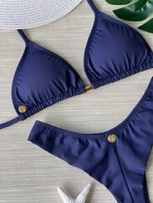 Triangle Bikini With Removable Padded Cups And Double String Glider Panties - Navy Blue - View 2