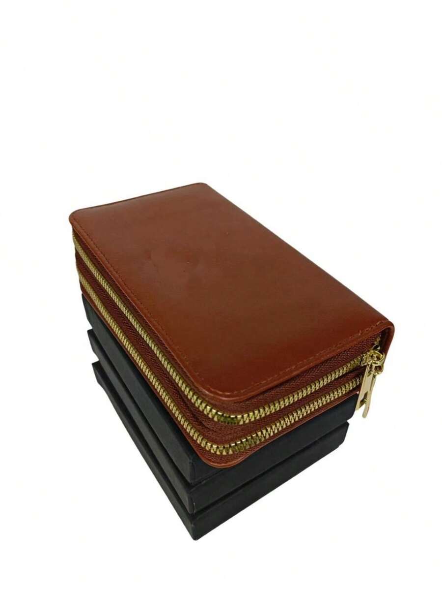 Women's Wallet With 2 Zippered Compartments, Hand Strap, Elegant Card Holder, Fashion Insurance, Assorted Logo Plate - 咖啡棕 - 查看 1