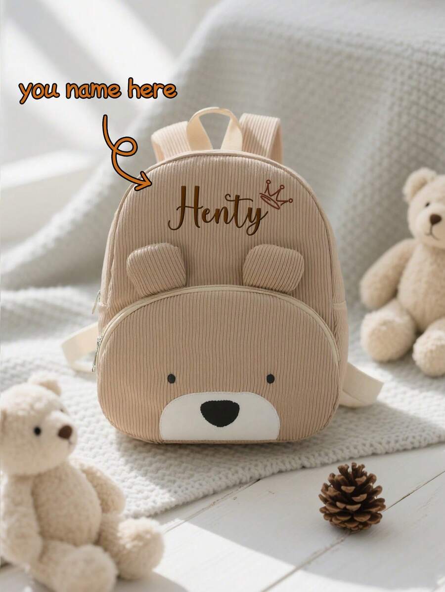 Cute Customized Name Khaki Bear Backpack - Adorable Embroidered Cartoon Design, Lightweight School Bag, Back To School Gift For Him/Her, Birthday Gift, Aesthetic - Multicolor - View 1