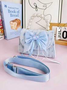 1pc Mini New Girls' Pearl Handbag, Cute Flap Magnetic Closure, Bow & Mesh Decor, Adjustable Shoulder Strap Shoulder/Crossbody/Coin Purse, Suitable For Birthday Gift, Back To School Gift, Holiday Gift, Outdoor Activities - S - View 7