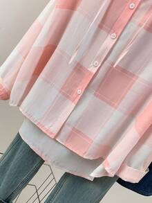 Camisa con capucha de manga larga a cuadros casual para mujer, con botones delanteros, adecuada para otoño, invierno, primavera, escuela, fiesta, rosa - Rosa - Ver 9