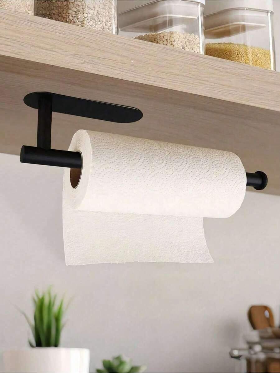 House Essentials Kitchen Items 1pc Self-Adhesive Wall-Mounted Black Paper Towel Holder, Easy To Install, Suitable For Kitchen, Bathroom, Cabinet, Sink, Balcony, And Can Also Be Used To Store Cling Film/Paper Towels, An Essential Multipurpose Paper Towel Storage Item!
