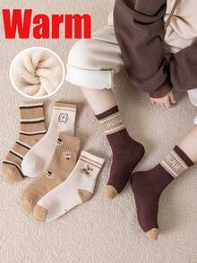 5 Pairs Kids Socks, Cartoon Bear Design, Thick Warm Mid-Calf Socks For Boys And Girls, Knitted Sports Socks For Students, Toddlers