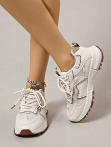 1 Pair Women's Mesh Casual Sneakers, Beige Color, Outdoor Lace-Up Round Toe Comfortable Athleisure Shoes, Versatile And Breathable Chunky Sneakers, All Season - Beige - View 2