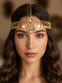 1pc Ottoman Empire Pattern Tassel & Coin Decor Metal Head Chain, Middle Eastern Style, For Daily, Party, Festival Wear, Bride To Be, Hair Accessories For Women - Gold - View 8