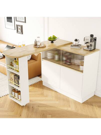 Sairedel 360° Rotating Sideboard Shelves Glass Moderne Serving Buffet 90x45x100 Cm Kitchen, Restaurant, Living Room Multifunctional Shelf, Bar Cabinet