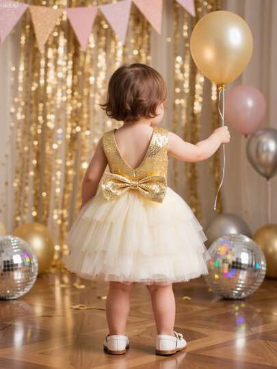 Vestido elegante de fiesta para niñas bebé con lazo de lentejuelas doradas y tul, vestido de princesa, adecuado como regalo para el 1er cumpleaños del bebé, fiestas, bodas, niña de las flores, para todas las estaciones