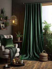 1pc Imported Dutch Velvet Fabric Curtain, 220gsm, Luxurious Room Window Decor, Heavy Blackout Curtain For Privacy In Winter - Dark Green - View 4