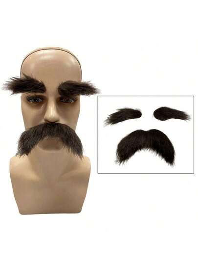 3pcs/Set Large Black & Brown Handlebar Mustache Set, Funny Costume Accessories For Halloween Party, Masquerade