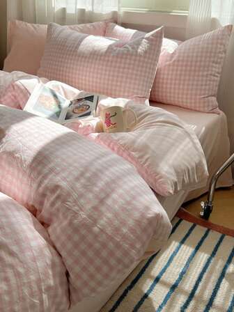 3pcs Pink 100% Polyester Nordic Plaid Duvet Cover Set, 2 Pillow Shams + 1 Duvet Cover (No Bed Sheet) For Room Decor
