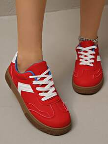 1 Pair Women Round Toe Lace-Up Sneakers, Versatile Comfortable Flat Low-Top Casual Trainers - Red - View 6