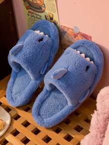Men's Cartoon Cute Warm Thick Bottom Plush Slippers, Indoor Shark Fur Slippers For Autumn/Winter - Blue - View 8