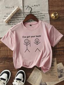 1 Pack Girls Casual Printed Crew Neck Short Sleeve T-Shirt Summer Student Youth Clothing - 粉色 - 查看 2