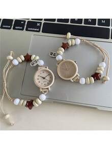 1 Piece Women's Beaded Strap Small Dial Simple Ins Niche High-value Simple Quartz Watch Suitable For Students and Lady to Wear Daily - 白色 - 查看 2