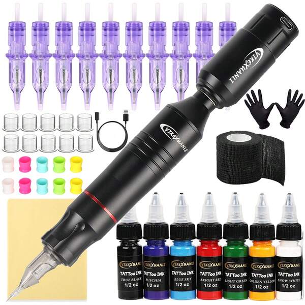 yikexuanli Wireless Tattoo Machine Kit, Includes 7 Colors 15ML Tattoo Ink, Tattoo Needles And Other Tattoo Accessories. Rich Colors, Easy Operation, Professional Tattoo Set Suitable For Beginners And Experienced Users