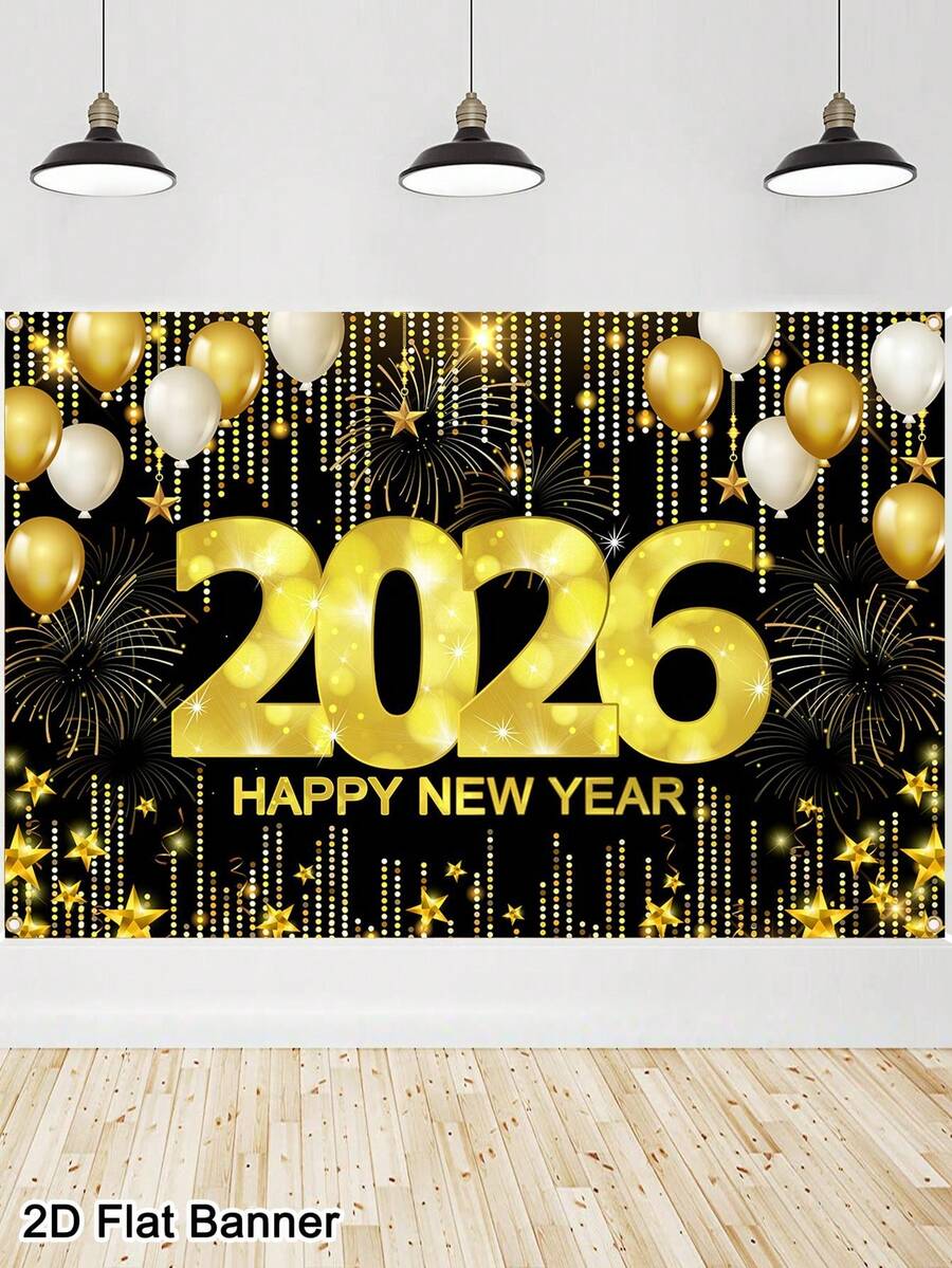 120x80cm 2026 新年快乐背景,闪光黑金气球设计,涤纶面料新年标志海报横幅,新年照片展台背景派对装饰,新年派对用品,2026 新年装饰 - 彩色 - 查看 1