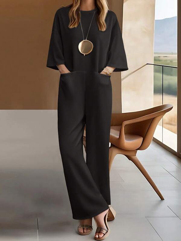 Doriss Round Neck Drop Shoulder Sleeve Pocket Jumpsuit, All White, Work/Office, Fall Outfits, Autumn Clothes