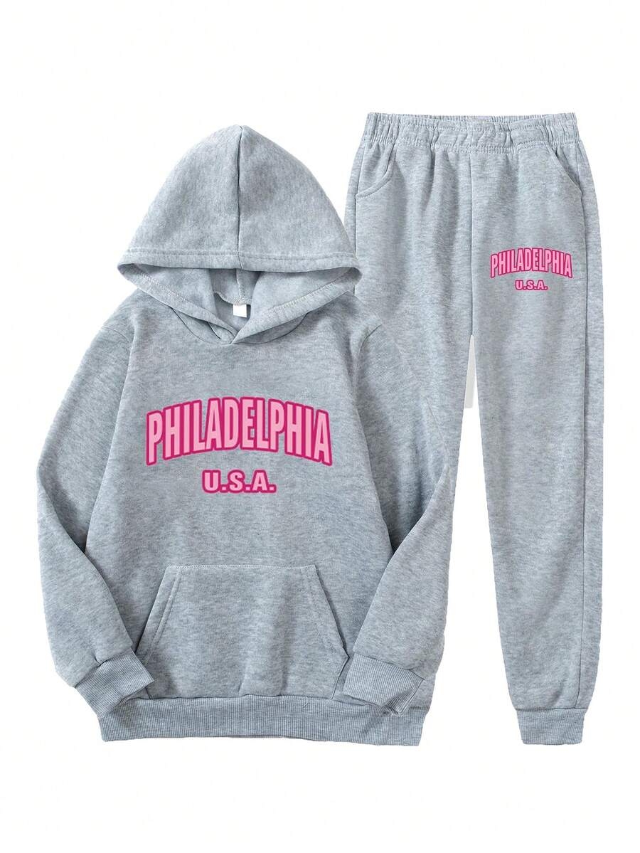 Conjunto casual de 2 piezas para mujeres, sudadera con capucha de manga larga con estampado de letras y pantalones a juego, 100% poliéster, tejido de punto para primavera/otoño, corte holgado con bolsillos, Diseño de Filadelfia, EE. UU.