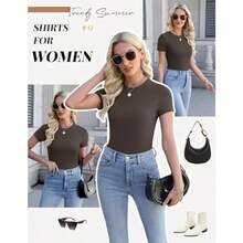 NEW-Womens Basic Tee Shirts 3 Pack Short Sleeve Crew Neck Thermal Underwear Tops Base Layer - 3pcsBlackChestnutBrownBeige - View 3