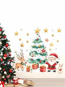 1 Set de decoraciones navideñas para el hogar, pegatinas de pared de dibujos animados de árbol de Navidad y hombre de jengibre, pegatinas decorativas para pared, para dormitorio, sala de estar, sala de juegos, decoración de pared, calcomanía de vinilo para decoraciones navideñas, artículos de decoración navideña para refrescar su hogar - Multicolor - Ver 11