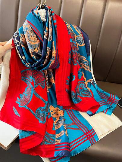 1pc Faux Silk Printed Robe, Shawl & Small Scarf Set, Women Coverup For Beach, Sun Protection, Daily Wear