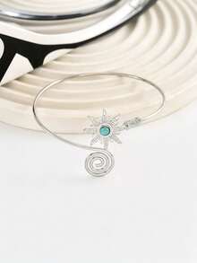 1pc 14K Gold Plated Boho Style Turquoise & Tiger Eye Sunflower Arm Cuff - Elegant Copper Arm Band, Versatile Body Jewelry, Suitable For Daily Wear, Parties, Casual Outfits, Weddings, Gifts, Suitable For Halloween, Christmas, Back To School, Thanksgiving, New Year