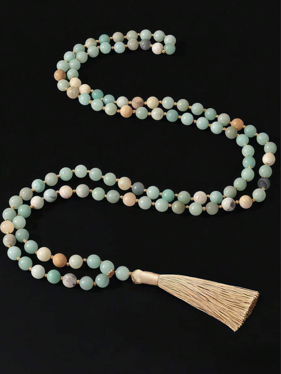 1pc New Bohemian Natural Stone Beaded Colorful Tassel Necklace, Sweater Chain Couples Necklace, Suitable For Daily Wear (Stone Bead Colors Vary In Each Batch)