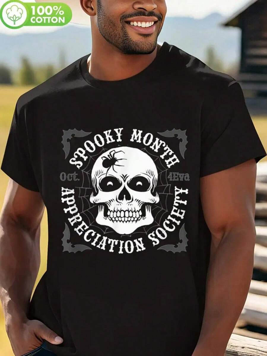 Spooky Month Appreciation Society Men'S Halloween T-Shirt - Gothic Horror Shirt With Skull Graphic, Heavyweight 100% Cotton Tee For Halloween Parties, Casual Attire - Year-Round Comfort Fit Crewneck Top For Horror Fans & Costume Events, Themed Party Outfit, Dark Aesthetic Design, Breathable Fabric, Statement Apparel, Alternative Fashion,Nightmare Before Christmas,Christmas,Halloween Costumes,Funny T Shirts,Summer Outfits,Thanksgiving Day,Men Graphic Tees,Streetwear Men - màu đen - Xem 1