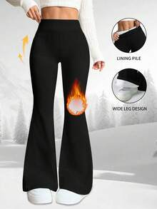 女士超柔软高腰喇叭裤，带保暖内衬，紧身收腹喇叭裤，纯色提臀加厚打底裤，高弹瑜伽运动阔腿裤，女士运动紧身裤 - 黑色 - 查看 2