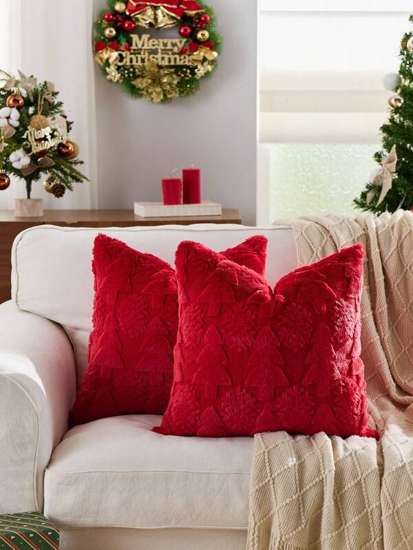 1pc Christmas Tree & Snowflake Decorative Throw Pillow Case, Soft Velvet Fabric On Reverse Side, Square Cushion Cover, Holiday Home Decor Pillow Sham, Comfortable Plush Material, Modern Decor For Sofa, Bedroom