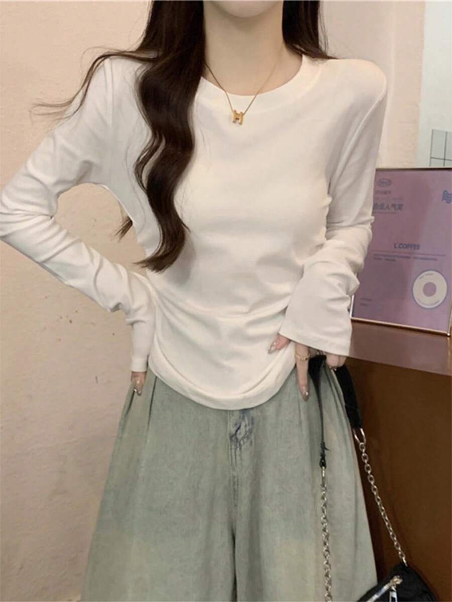 Áo thun nữ ngắn tay màu trắng, cổ tròn, kiểu dáng đơn giản, phong cách Hàn Quốc, mùa xuân thu 2025 - trắng - Xem 1