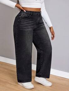 Elegant Straight Leg High Waist Black Jeans Daily Casual Outfit For Plus Size Women Wide Leg Affordable Denim Long Pants