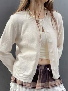 Cárdigan de mujer de un solo pecho, de manga larga, elegante y vintage, suéter sólido de lana tejida para otoño e invierno, básico para volver a la escuela y estilo Y2K